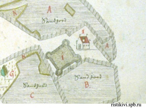 Шведская крепость Кивинеб на холме Линнамяки  и имение священника в атласе Аспегрена, ок. 1644 года