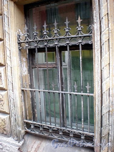 Кожевенная линия, д. 27. Особняк Брусницыных. Решетка окна. Фото октябрь 2009 г.