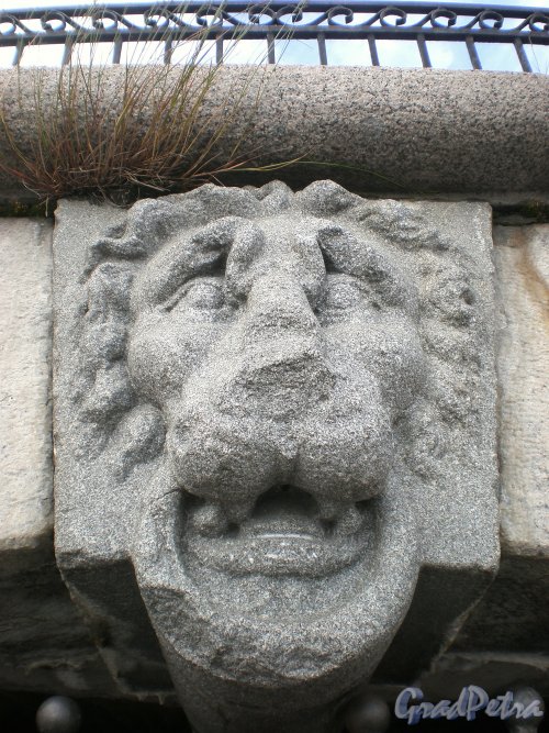 Маскарон льва над гротом двухъярусной каменной террасы-пристани напротив бывшей усадьбы Кушелевых-Безбородко. Фото июнь 2009 г.