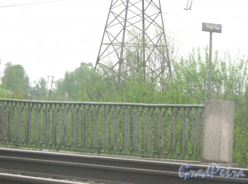 Рябовский мост через реку Лубья. Вид с Рябовского шоссе на фрагмент ограды. Фото 17 мая 2013 г.