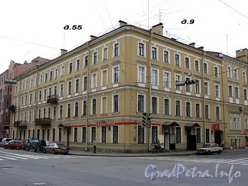 Лермонтовский пр., д. 9 (левая часть) / пр. Римского-Корсакова, д. 55. Бывший доходный дом. Общий вид здания. Фото август 2009 г.