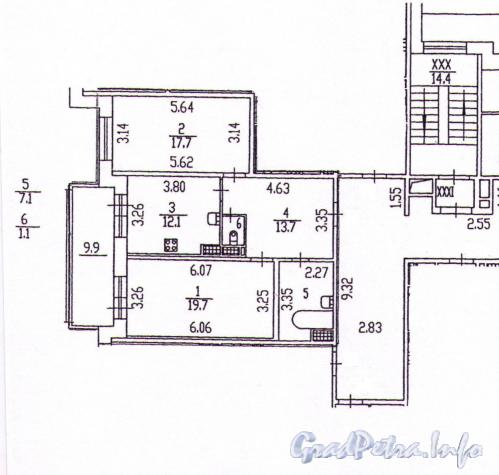 Пр. Космонавтов, д. 61, корп. 2. Планировка двухкомнатной квартиры.
