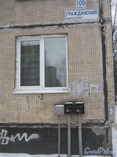 Гражданский пр., дом 109, корпус 2. Окно первого этажа в торце здания и табличка с номером дома. Фото 30 января 2013 г.