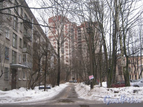 Светлановский пр., дом 63 (слева) и проезд вдоль здания в сторону дома 26 по Тихорецкому пр. (на заднем плане). Фото 8 февраля 2013 г.