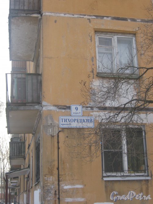 Тихорецкий пр., дом 9, корпус 9. Фрагмент торца здания и табличка с его номером. Фото 17 февраля 2013 г.