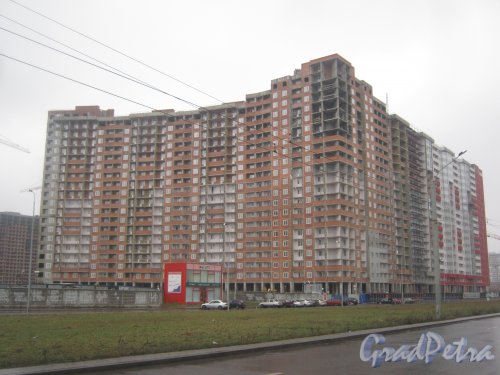 Ленинский пр., дом 55а. Фрагмент строящегося здания со стороны фасада. Вид с пр. Героев. Фото 29 декабря 2013 г.