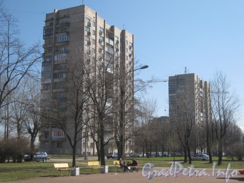 Пулковское шоссе, дом 34 корпус 1 (слева) и 36 (справа). Фото апрель 2012 г. из сквера между Пулковским шоссе и его «карманом».